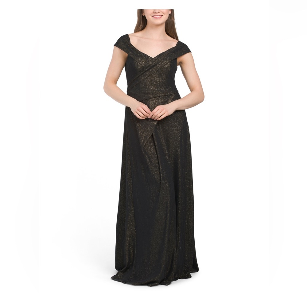 RENE BY RENE RUIZ OFF THE SHOULDER ABSTRACT METALLIC GOWN Black and Gold dress
